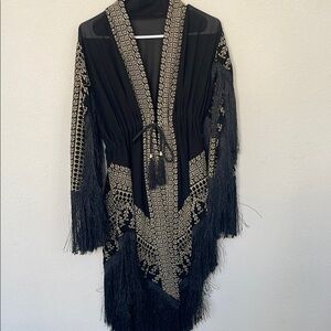 Embroidered Black Fringe Kimono Tatreez